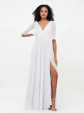 A-ligne Col en V Robes Maxi en Tulle avec Dos en V Profond Blanc