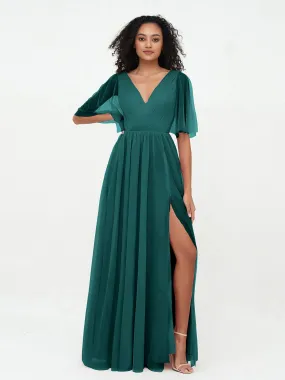 A-ligne Col en V Robes Maxi en Tulle avec Dos en V Profond Paon Grande Taille