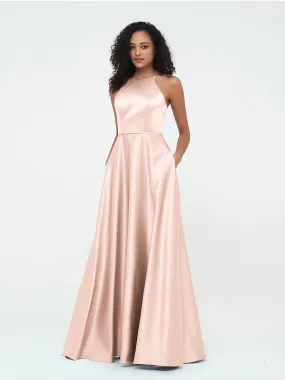 A-ligne Robes Maxi à Licou en Satin avec Poches Rose Perle
