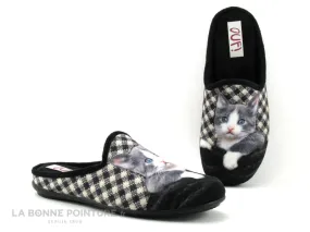 Achat chaussures Ouf ! Femme Pantoufle Chausson, vente Ouf TISKO carreaux noirs et blancs - Chat - Pantoufle mule Femme