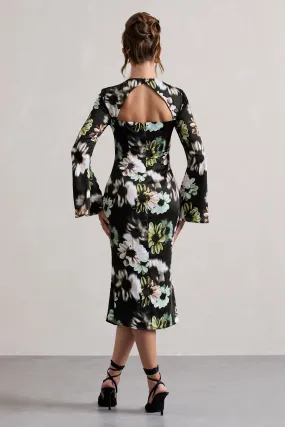 Arlitta |Robe mi-longue en satin à manches longues avec imprimé floral noir