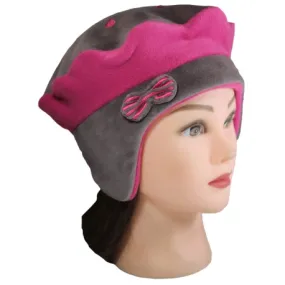 BERET FILLE Forme fleur Cache-oreilles sans cordons en Velours et Polaire Coloris taupe et rose fruité