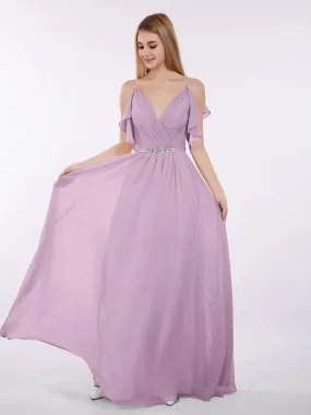 Bretelle Spaghetti Mousseline Robe avec Col en V Vintage Mauve Grande Taille
