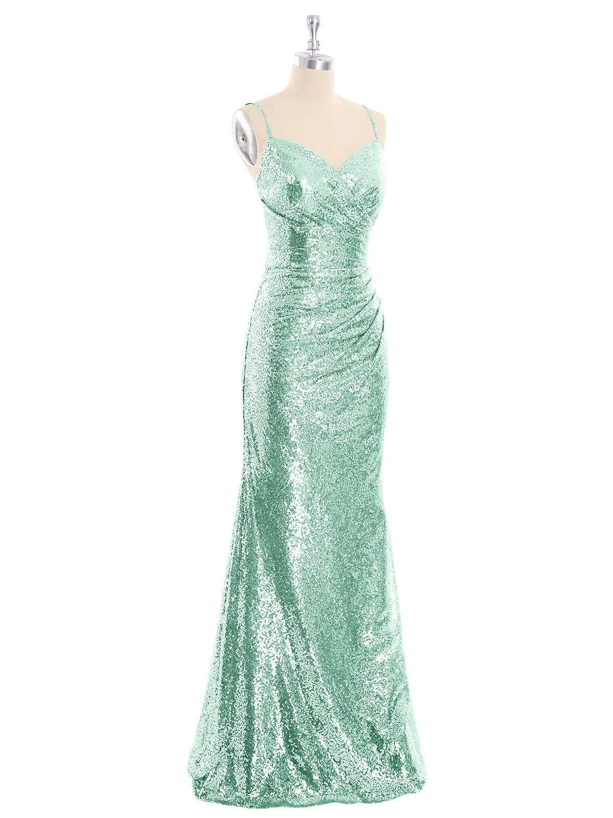 Bretelle Spaghetti Paillettes Robe avec Col en Cœur Vert Menthe Grande Taille