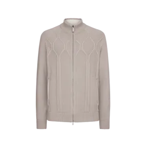 Cardigan beige zippé col ras du cou tissage jacquard "Rhombus