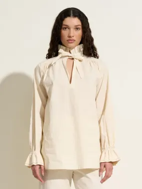 CASTIGLIONE - Chemise manches ballons col montant froncé à nouer en coton froissé Ecru