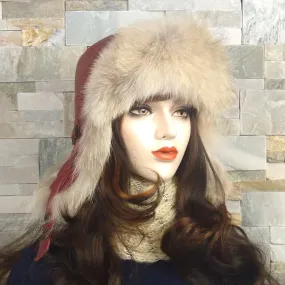 Chapeau aviateur fourrure loup, cuir rouge foncé - Modèle Simon