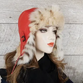 Chapeau aviateur fourrure lynx, cuir rouge - Modèle Simon