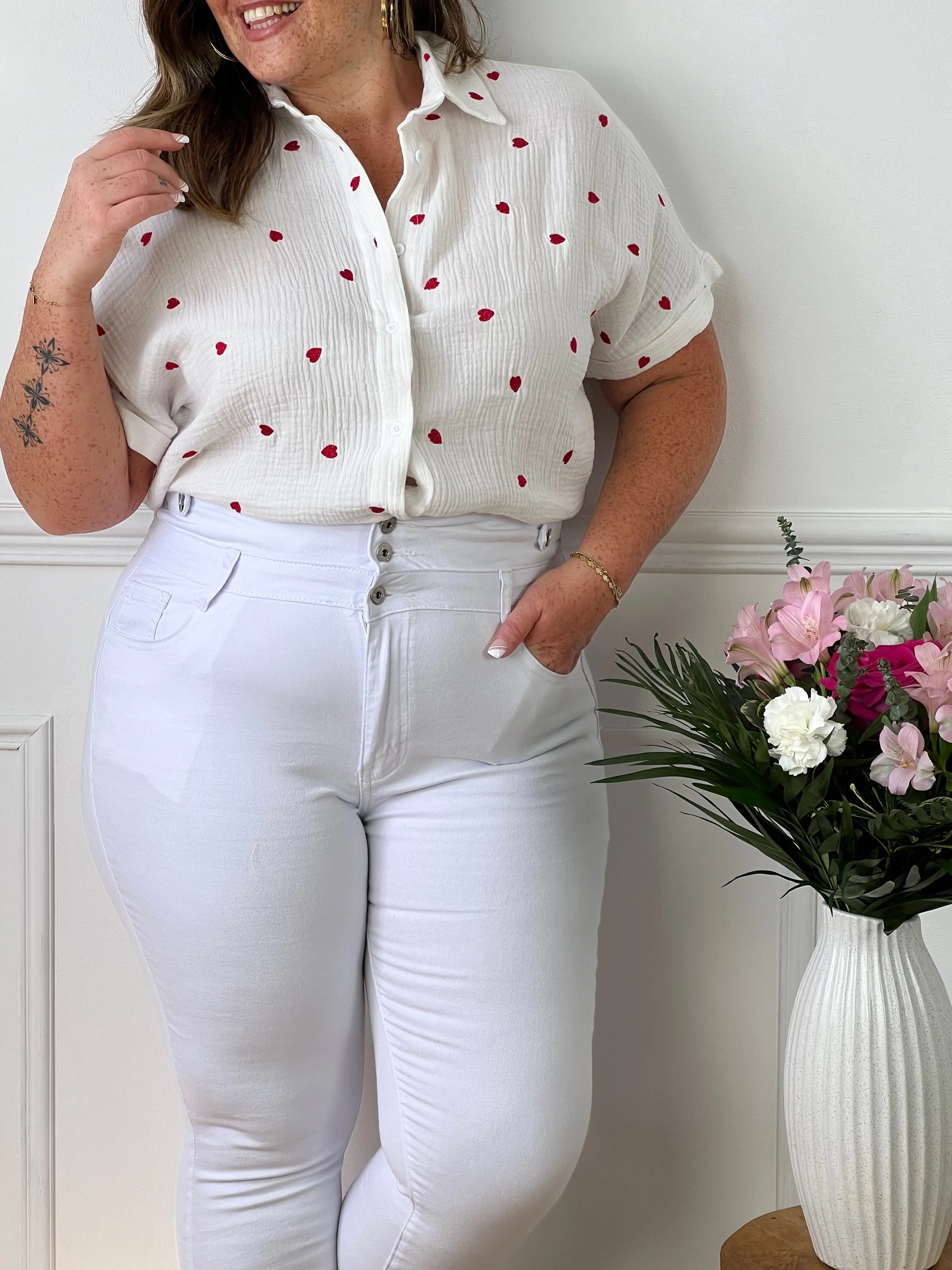 Chemise écrue et rouge en gaze de coton  : Aricia