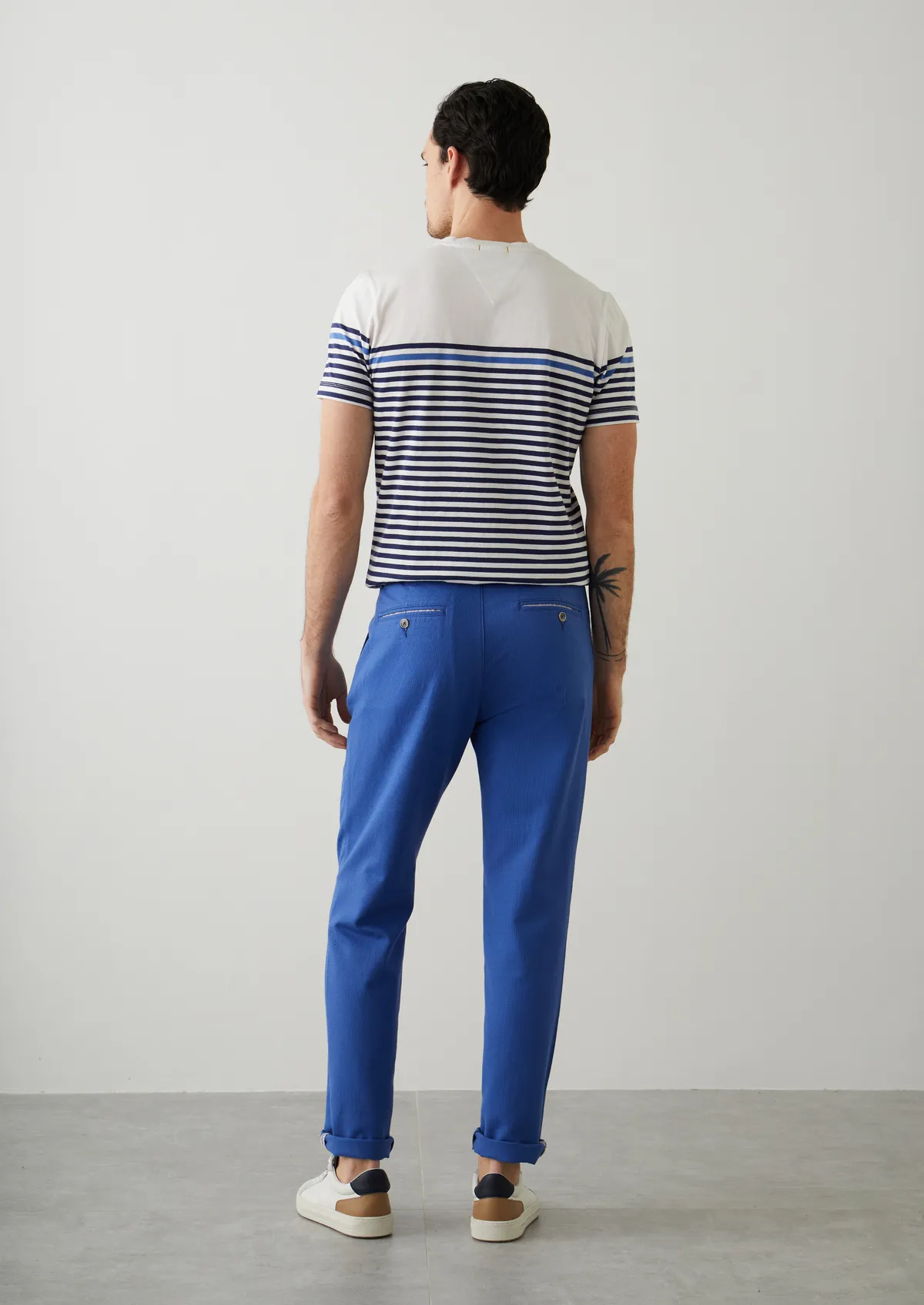 Chino slack skinny en coton et lin unis bleu saphir