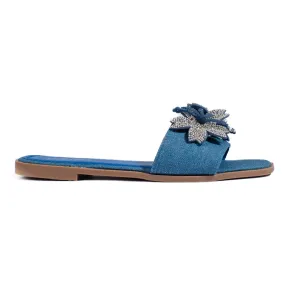 Claquettes femme en jean avec décoration bleu