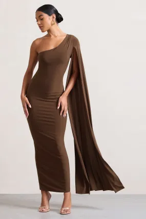 Dominique | Robe longue marron chocolat à une manche cape