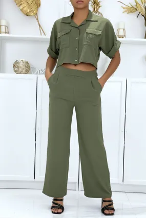 Ensemble chemise saharienne et pantalon palazzo kaki