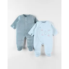 Ensemble de 2 pyjamas 1 pièce en velours ciel/sauge bleu - Noukies
