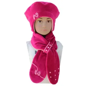 ENSEMBLE FILLE BERET sans cordons et ECHARPE LOLITA coordonnée - Velours et Polaire fuchsia et rose tendre