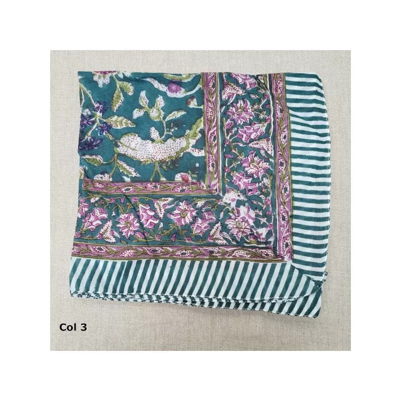 Foulard carré été imprimé blockprint indien petit modèles, 5 coloris. 