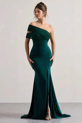 Fused | Robe longue asymétrique vert bouteille à encolure bardot