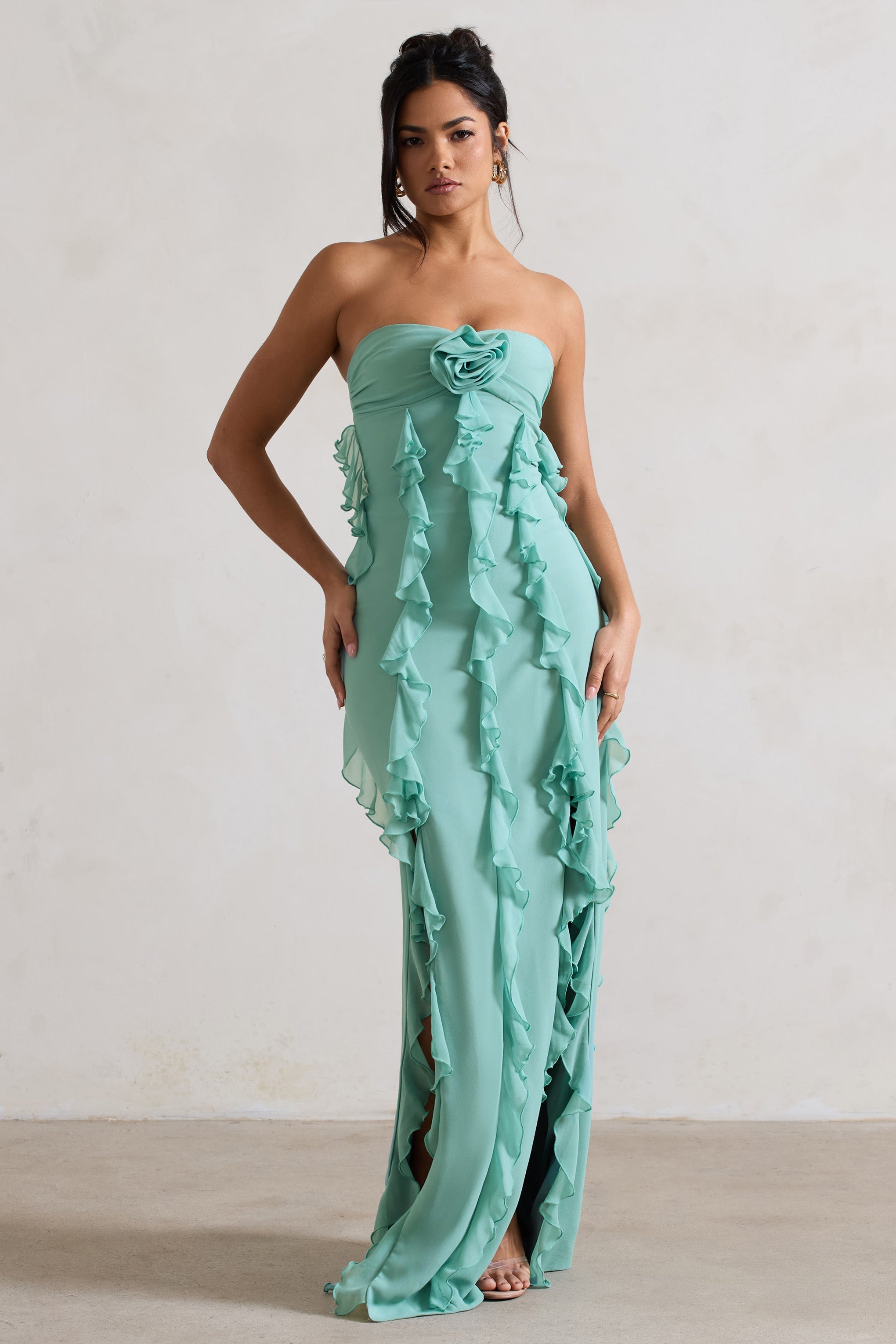 Gardenia | Robe longue vert menthe sans bretelles froncée et corsage