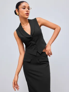 Gilet Blazer à Boutons et Col Tissé Uni