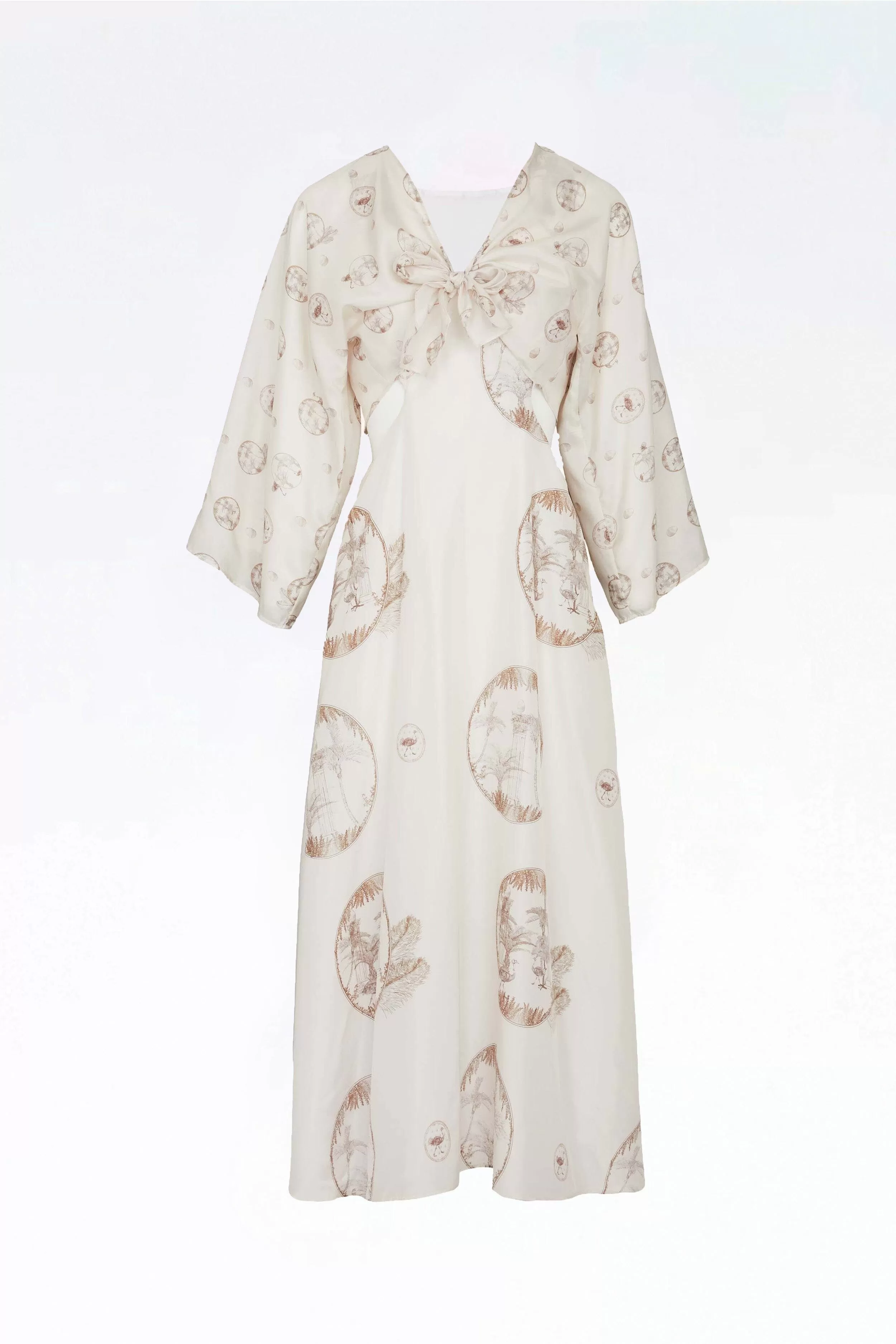 HALSTON - Robe longue évasée ajourée et boléro à nouer manches kimono en soie imprimé Persephone