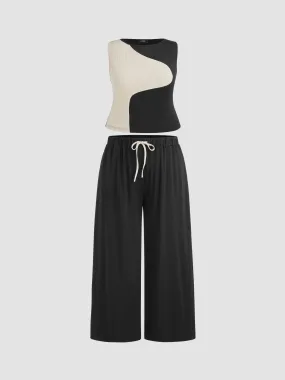  Haut à col rond contrastant & Pantalons à taille élastique solide avec cordon de serrage Curve & Plus