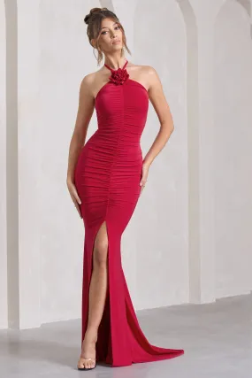 Holly | Robe longue rouge froncée à col haut et fente à l'avant