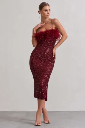 In Your Head | Robe mi-longue en sequin couleur prune à bretelles fines et plumes