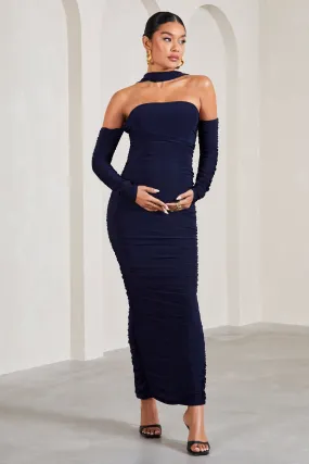 Joy | Robe longue de maternité bleu marine froncée à manches longues et col licou