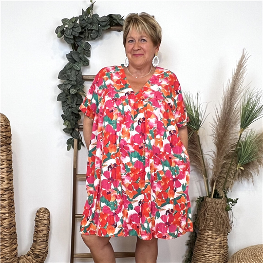 K985- Robe-Short Imprimée (T40-T48) (fuchsia) - Bleu Clair