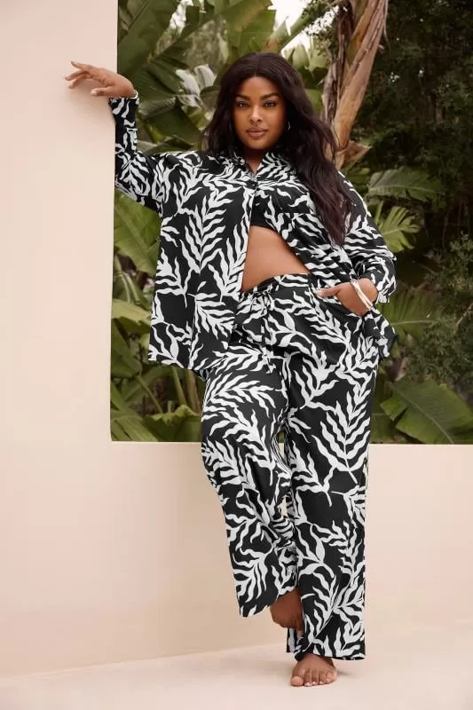 LIMITED COLLECTION - Pantalon Noir Feuilles Coupe Wide Leg