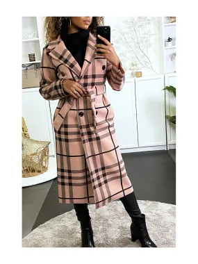 Longue veste à carreaux rose croisé avec ceinture et poches