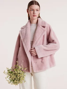 Manteau court en laine d'agneau Teddy à double boutonnage et revers