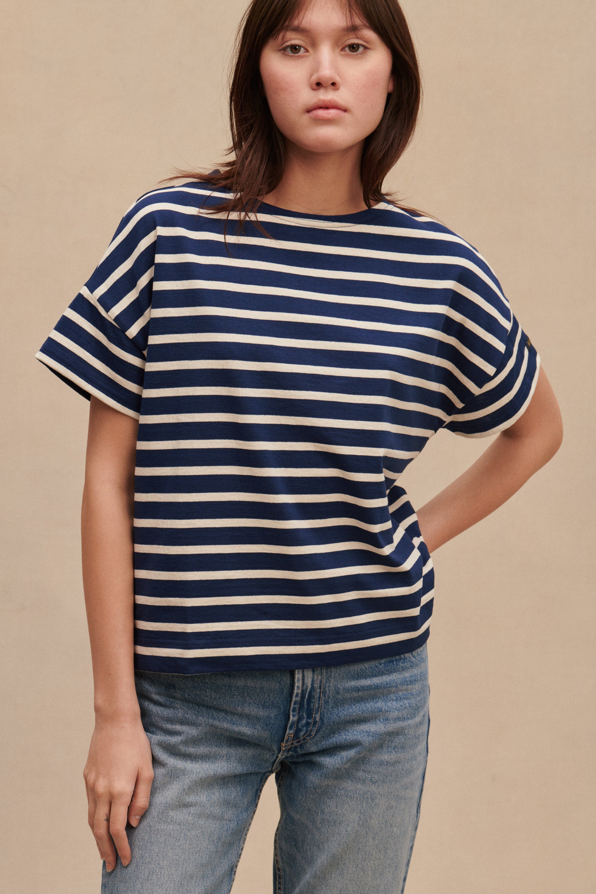 Marinière oversize marine rayé écru pour Femme
