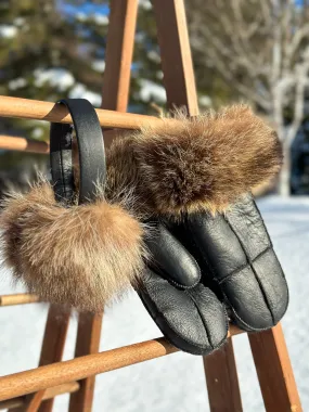 Mitaines en cuir avec fourrure recyclée, Chat sauvage brun