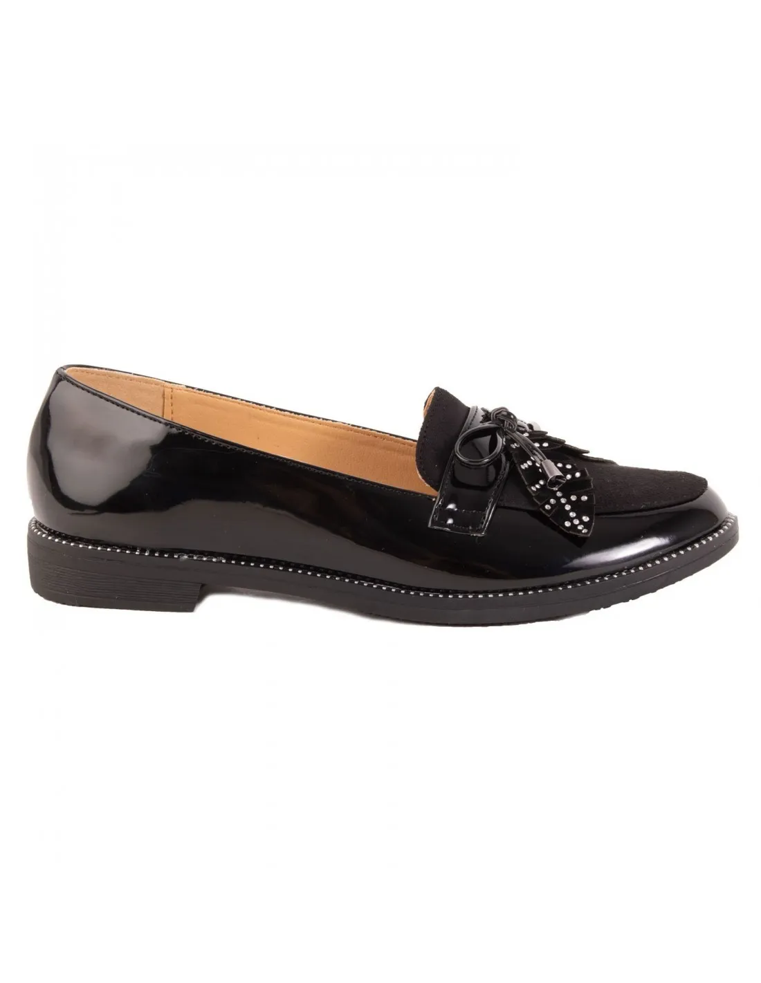 Mocassins semelle cuir femme vernis à franges et feuilles strass bouts pointus