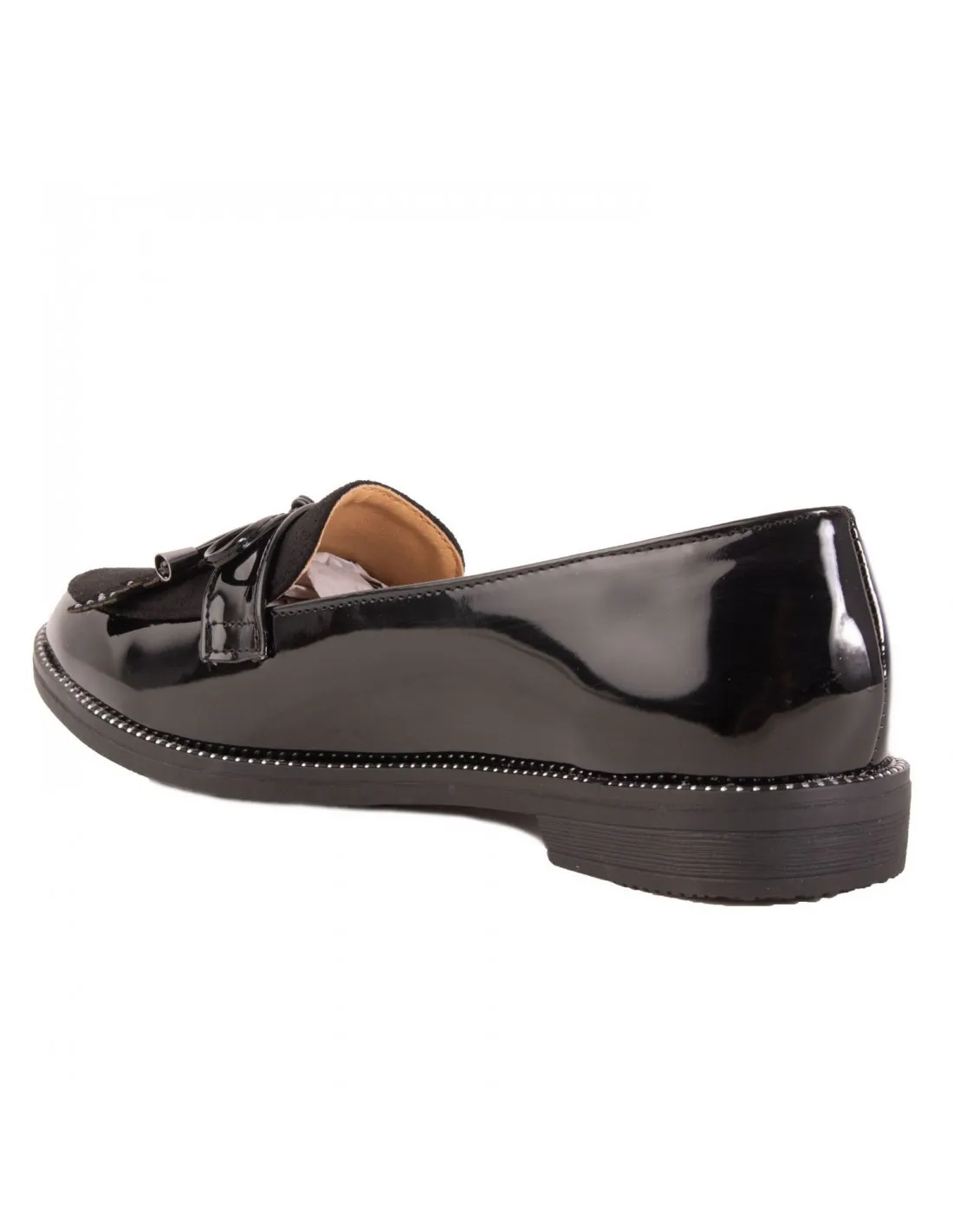 Mocassins semelle cuir femme vernis à franges et feuilles strass bouts pointus