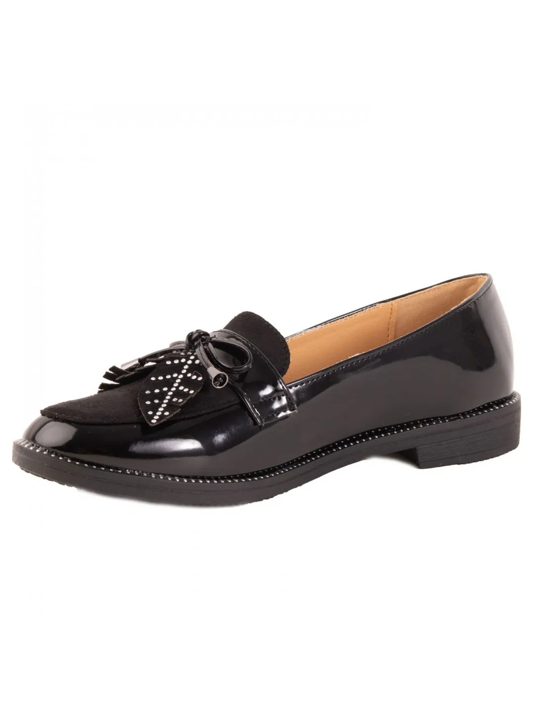 Mocassins semelle cuir femme vernis à franges et feuilles strass bouts pointus
