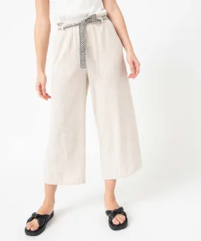 pantacourt femme coupe large contenant du lin avec ceinture beige pantacourts