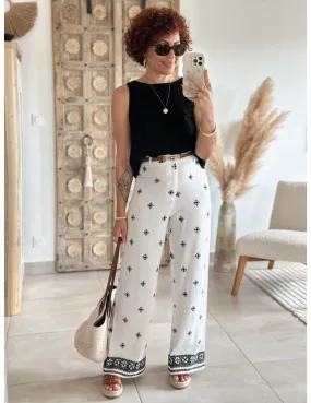 Pantalon lin brodé blanc - Elios