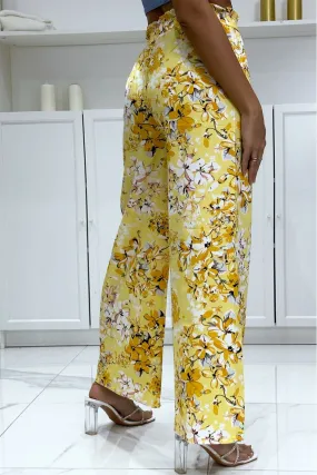 Pantalon palazzo fleuris jaune motif fleure