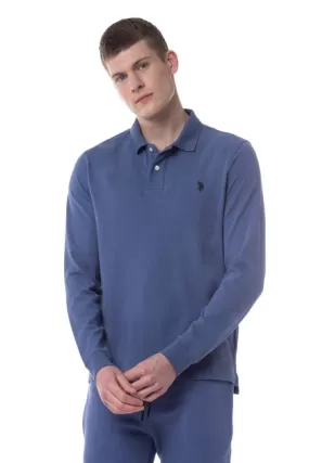 Polo uni manches longues - Bleu - US POLO