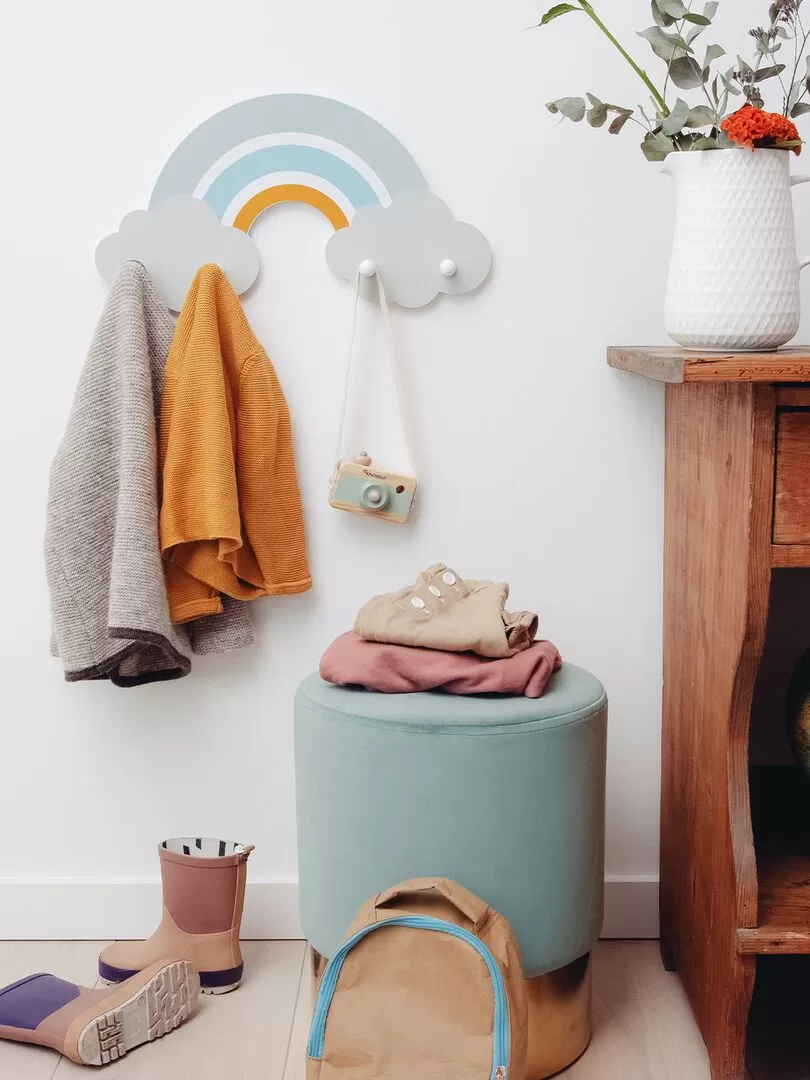 Porte-manteau mural forme arc-en-ciel en bois - Bleu ciel