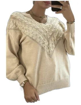 Pull beige pour femme en col V avec motif en dentelle