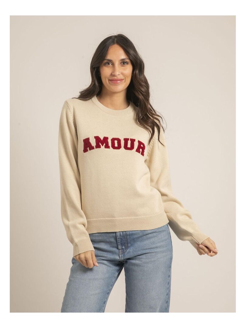 Pull col rond pur coton message KOURI - Beige