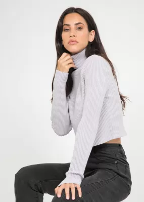 Pull col roulé côtelé mauve
