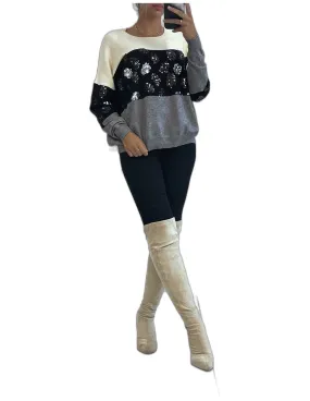 Pull fluide tricolore beige à motif sequins