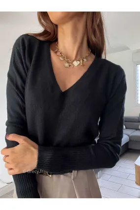 Pull noir basique col V