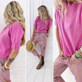 Pull rose manches courtes bijoux