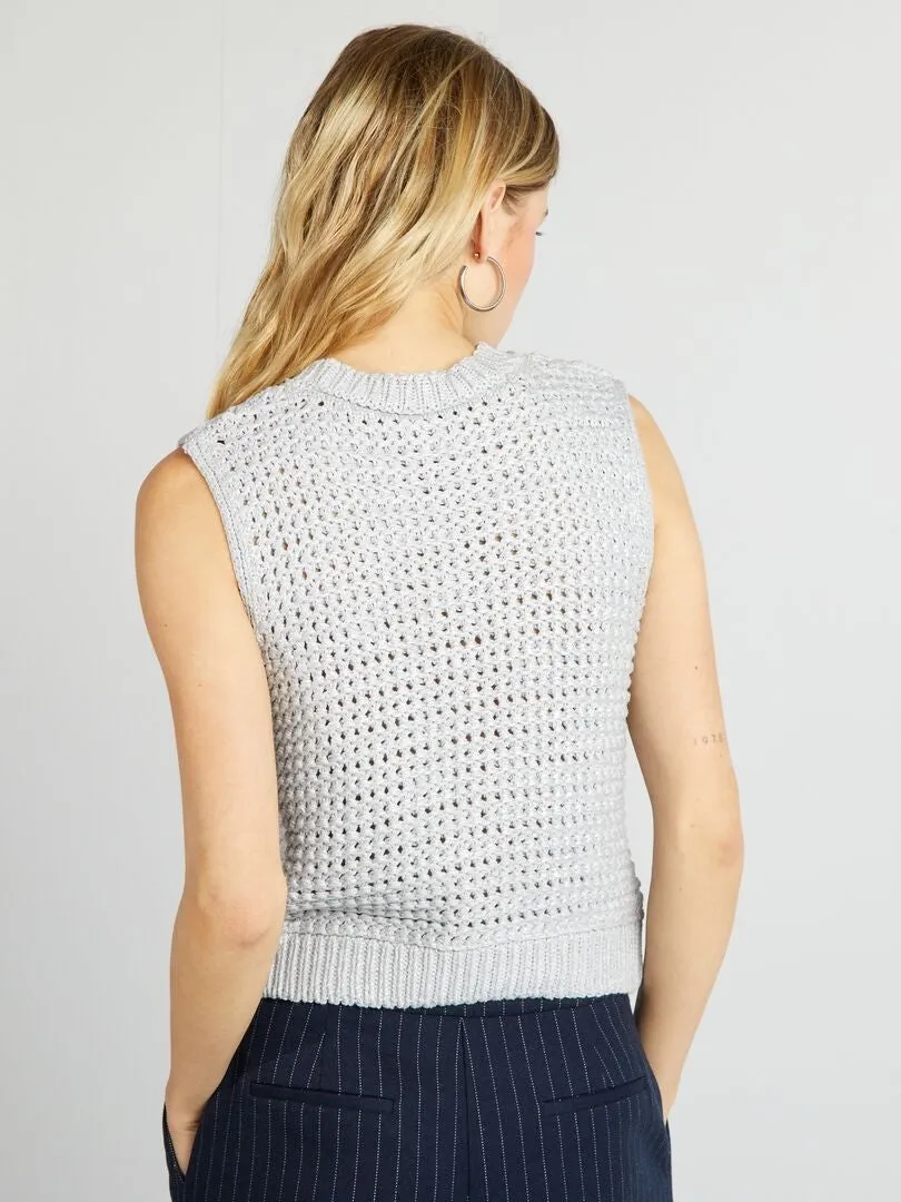 Pull sans manches en crochet - Gris