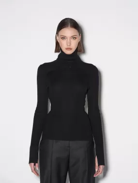 Pull à col roulé piercing en maille mérinos noir